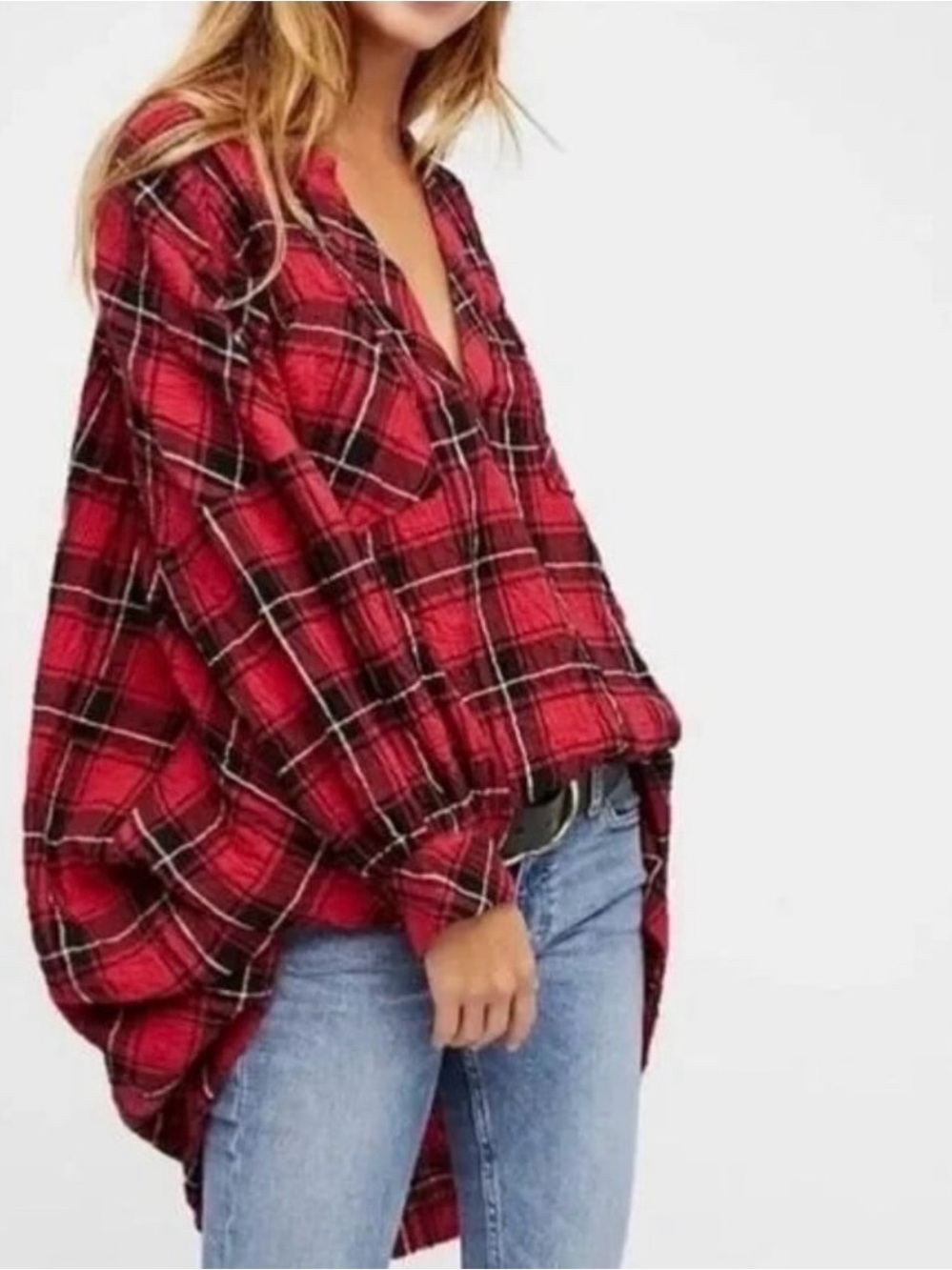 Intimately Free People red and black plaid "Not Your Boyfriend's" tunic top